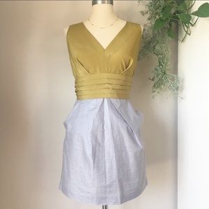 RACHEL ROY Pleated Contrast Zipper V-Neck Dress